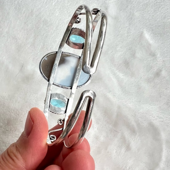 925 Owyhee Opal + Swiss Blue Topaz Cuff Bracelet - Picture 11 of 11